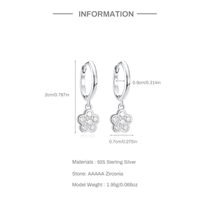 Detail showing S925 sterling silver flower earrings size with zircon measurements