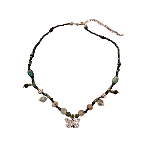 Vintage jade bead necklace with silver butterfly pendant and black beaded chain