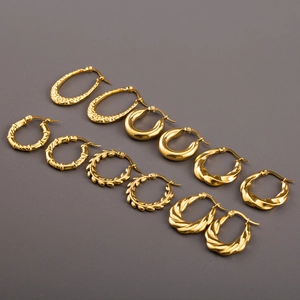 Set of six pairs of gold-plated titanium steel twist and geometric hoop earrings for women