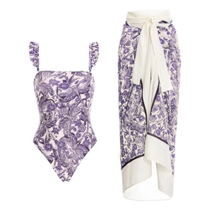 Maillot De Bain Une Pièce Bikini Et Paréo Pour Femmes Imprimé Floral Violet Volants Élégant Plage Nylon