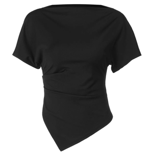 Detail of black slim-fit off-shoulder top featuring side ruching and asymmetrical hem