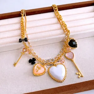 Collana Pendente Cuore Chiave Multistrato Vintage Lega Rame Vetro Perla Artificial Ferro Stile Lusso Francese Regolabile Donne