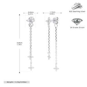 Detailed view of silver flower tassel earrings with size dimensions and 925 silver stamp