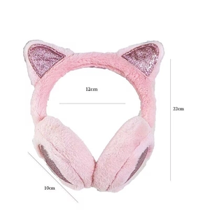 Pink plush earmuffs with sequined cat ears showing product dimensions of 22cm by 12cm