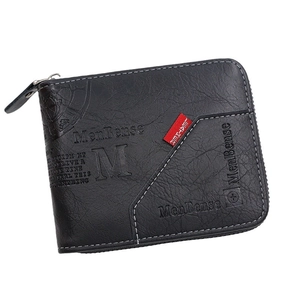 Men's black litchi texture trifold wallet with L-shaped zipper and contrast stitching