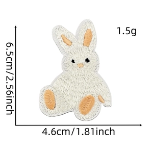 Detailed view of a white rabbit embroidered patch showing precise size 6.5x4.6cm measurements