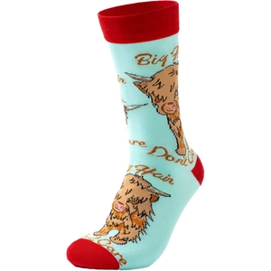 Detail of blue cotton crew sock featuring red heel and Highland cow cartoon design