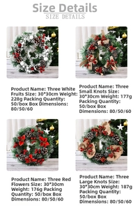 Size details of 30x30cm Christmas wreaths featuring pine needles, red flowers, and bows