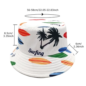 Reversible white cotton sun hat with surfing print and palm tree pattern for beach vacation