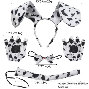 Cow costume set detail including spotted headband, gloves, bowtie, and tail with dimensions