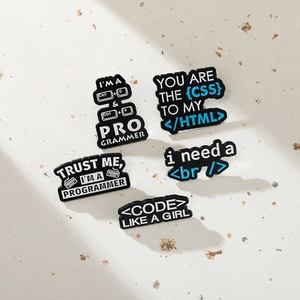 Five-piece set of black enamel programmer pins with geek culture slogans for coding fans