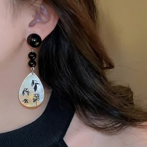 New Chinese style drop tassel earrings with ink wash bird pattern on shell pendant