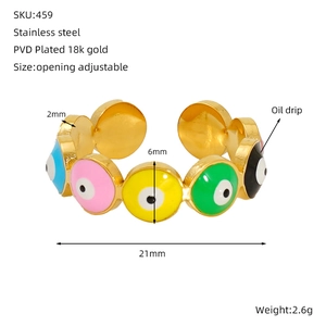 Detailed size and specs diagram of gold stainless steel Evil Eye open ring with oil drip