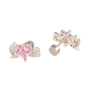 Silver wing earrings with pink heart zircon and sparkling rhinestones for women