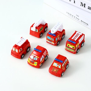 Set of 6 red cartoon fire trucks with ladders and rescue designs for kids' imaginative play
