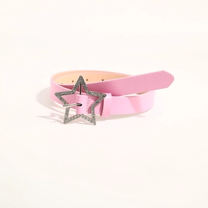 Close-up of pink Y2K leather belt featuring a sparkling rhinestone star-shaped buckle