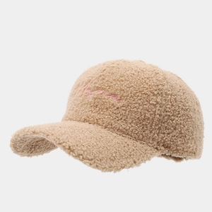 Berretto da baseball invernale in peluche spesso con ricamo per donna beige