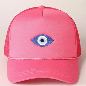 Adjustable pink trucker hat with evil eye embroidery and breathable mesh back
