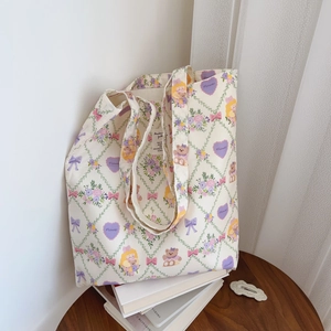 Grand sac fourre-tout en coton avec imprimé floral et ours pour style quotidien