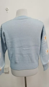 Detail of light blue knit cardigan with white daisy flower embroidery on the sleeve