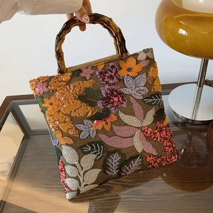 Vintage Chinese Style Handbag Canvas Flower Embroidery Sequins Bamboo Joint Handle Large Capacity Tote Bag For Women