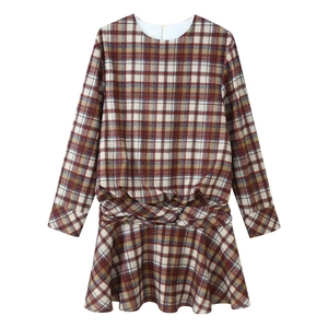 Plaid Mini Dress Round Neck Long Sleeve Twist Knot Waist Retro Casual Elegant Polyester Short Dresses For Women
