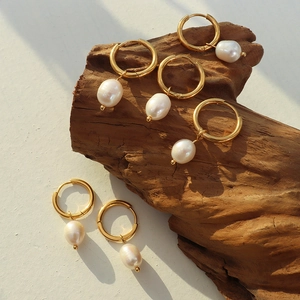 French vintage 18K gold plated hoop earrings with natural baroque freshwater pearls
