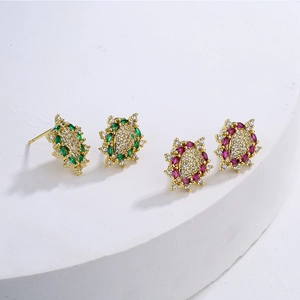 Women Geometric Stud Earrings 18K Gold Plated Copper With Colorful Cubic Zirconia Marquise Leaf Flower Luxury Retro