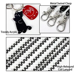 Creative black cat acrylic keychain with high-elastic spring rope and metal lobster clasp