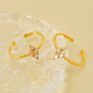 Adjustable gold stainless steel rings with pink and clear marquise zircon stones