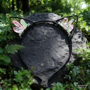 Detailed view of handmade cat ear headband with pink and green crystal stones