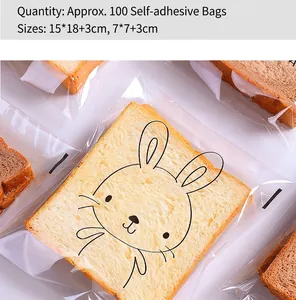 Detail view of self-adhesive transparent food bags with cute bunny prints for bread packaging
