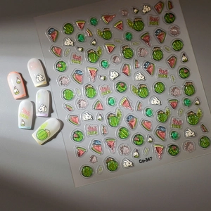 3D embossed summer watermelon and rabbit nail stickers with green and pink fruit patterns