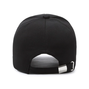Rear view of black baseball cap with adjustable metal buckle and durable twill fabric