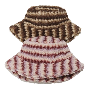 Winter faux fur bucket hat with warm gradient stripes in brown and purple tones
