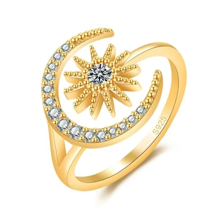 Elegant gold S925 sterling silver open ring featuring micro-inset sun and moon motifs