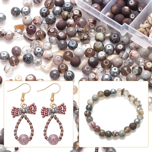 DIY bead set featuring crackle glass beads and stone beads with sample jewelry and storage box