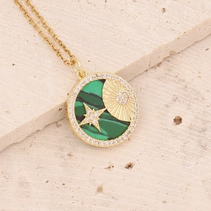18K gold plated necklace featuring a round green malachite moon and star pendant