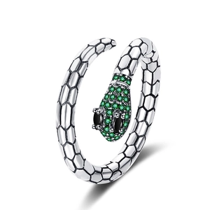 925 Sterling Silver Emerald Green Zirconia Snake Open Ring For Women Adjustable Animal Design Vintage Antique Jewelry