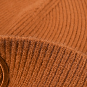 Winter caramel knit beanie with minimalist 3D embroidery and vertical ribbed texture