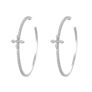 Sparkling zircon cross hoop earrings in silver tone with minimalist geometric design for women