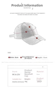 Detailed size chart for the breathable mesh baseball cap including brim and depth