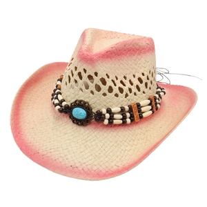 Western Cowboy Straw Hat With Wooden Beads And Turquoise Sun Protection Wide Brim Boho Style Summer Beach Hat For Women