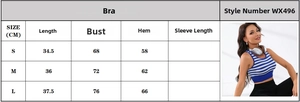 Detailed size chart for WX496 sports bra with bust and length measurements in cm