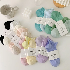 Colorful cotton mesh ankle socks set with ribbed texture in various macaron colors