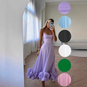 Elegant Spaghetti Strap Maxi Dress Square Neck Ruffle Hem High Waist Formal Evening Party For Women