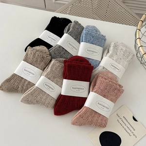 Women Wool Blend Slouch Socks Vintage Speckled Mori Style Thick Warm Winter Knit Stockings Lettuce Trim Mid Calf Socks