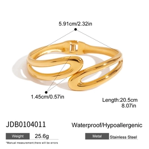 Irregular golden wavy stainless steel cuff bracelet with 5.91cm diameter and 1.45cm width