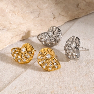 Conch shaped 18K gold and silver stainless steel earrings with sparkling rhinestones