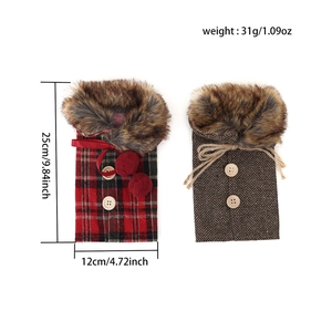 Christmas wine bottle covers in red plaid and herringbone patterns with faux fur trim